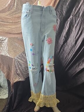 Light Blue Embellished Women’s Jeans with Yellow Crochet Hem